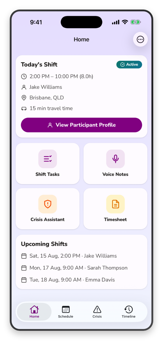 The EnableCare360 app showing a support worker's shift for the day, with tasks, voice notes and the Crisis Assistant one tap away.