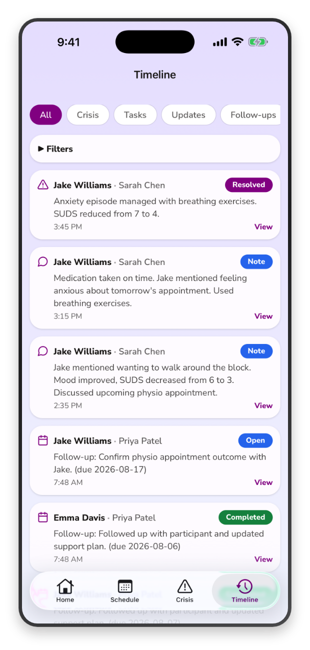 The team timeline feed in the EnableCare360 app.