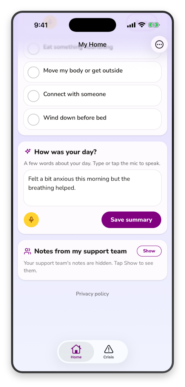 A participant's day recorded in their own words in the EnableCare360 app.