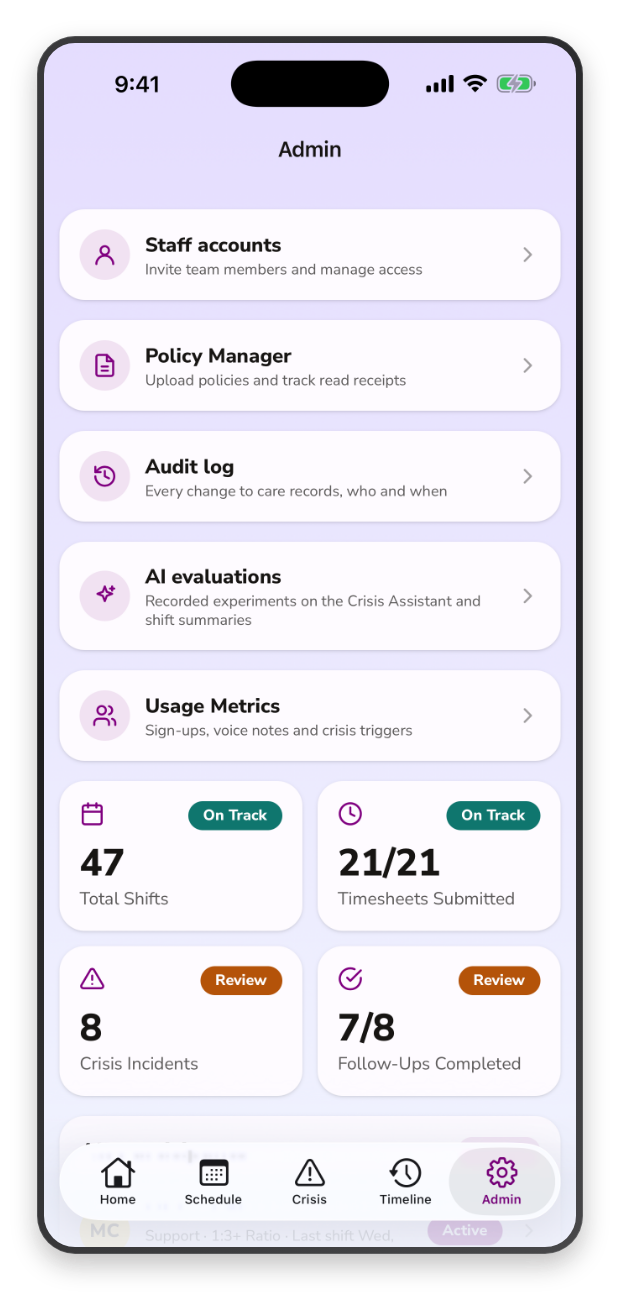 The admin compliance and audit export screen, showing shift, timesheet and incident totals.